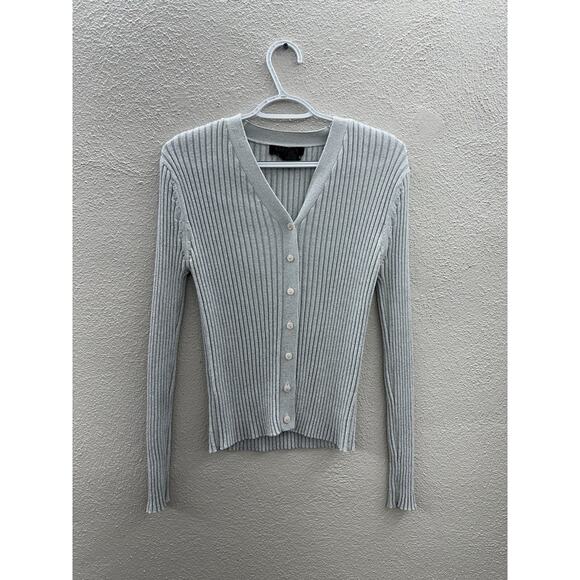 Express World Brand Womens Sweater Size Large Gray Shimmer Button Up Long Sleeve - Picture 1 of 11